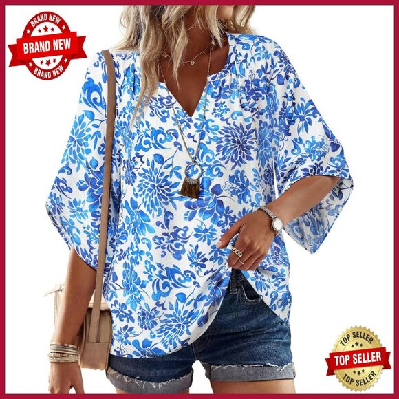 Tops - Women's 3/4 Sleeve V-Neck Bohemian Tunic Top Loose Fit Blouse